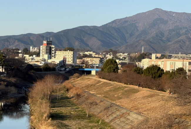 鮎津橋バス停付近から見た大山の写真